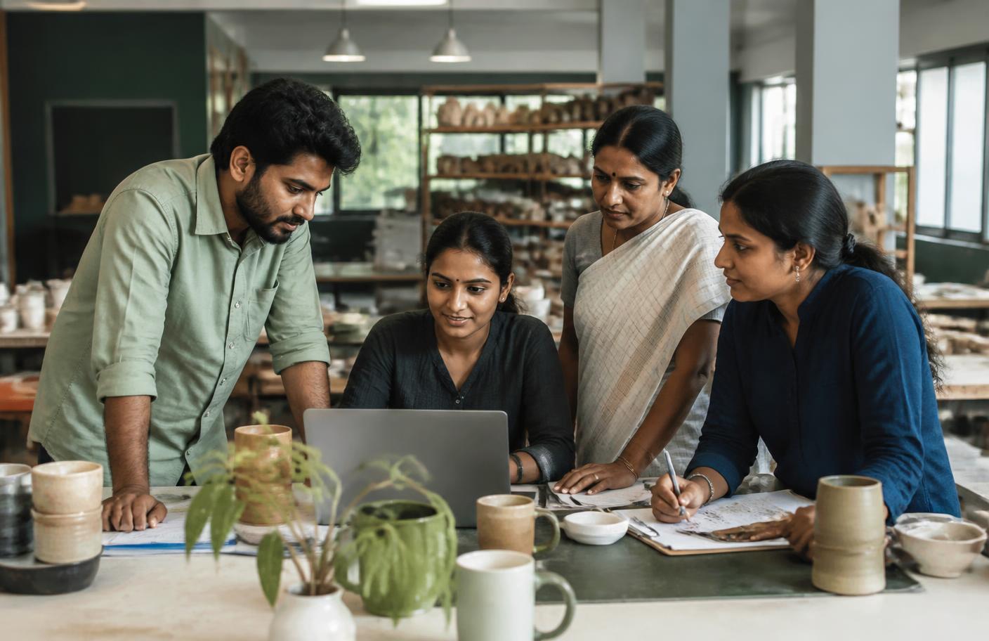 Entrepreneurs collaborating in a small manufacturing workshop